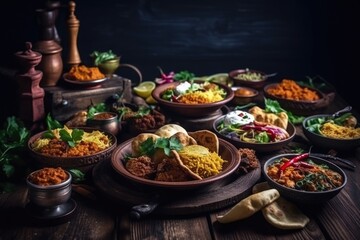 Assorted indian food set on wooden background. Dishes and appetisers of indeed cuisine, rice, lentils, Generated by AI - obrazy, fototapety, plakaty