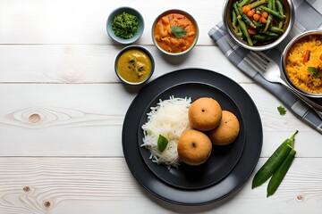 Assorted indian food set on wooden background. Dishes and appetisers of indeed cuisine, rice, lentils, Generated by AI