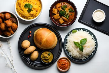Assorted indian food set on wooden background. Dishes and appetisers of indeed cuisine, rice, lentils, Generated by AI