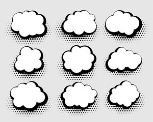 set of fluffy clouds icon in comic style