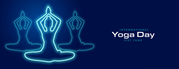 glowing neon style international yoga day poster with meditation posture