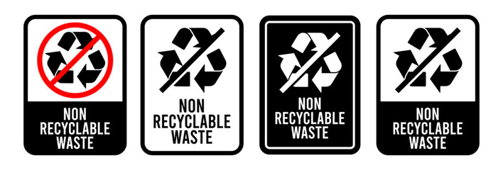Non recyclable waste recycling sign icon of black and white, label. Isolated vector sign symbol.