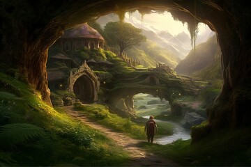 Concept art illustration of hobbit fantasy adventure. - obrazy, fototapety, plakaty