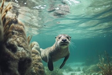 Illustration of cute otter diving underwater.