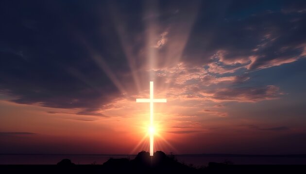 Concept of Jesus Christ: white cross on sunset sky background.