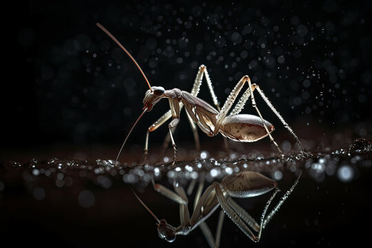 an insect with water droplets on it's face and legs, standing in front of a dark black background. Generative Ai