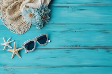 Beach accessories on wooden board, summer holiday banner. AI generated, human enhanced.