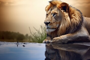 A lion at a watering place near a drying up reservoir. Climate change concept. AI generated, human enhanced