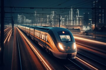 Fototapeta na wymiar High-speed futuristic train. The concept of modern public transport and travel. AI generated, human enhanced