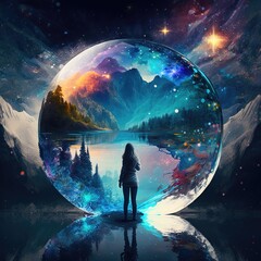 non-human girl stands beside a colorful river looking at a galaxy, generative AI