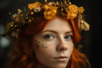 Close-up portrait of a woman with goldenberry-colored hair and a delicate floral crown, generative ai