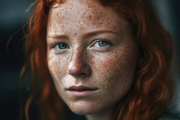Close-Up Portrait of a Woman with Strawberry Blonde Hair and Freckles, generative ai