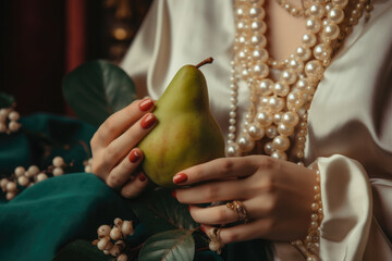 Fototapeta na wymiar Elegant woman adorned with pearls and holding a juicy pear with soft floral background, generative ai