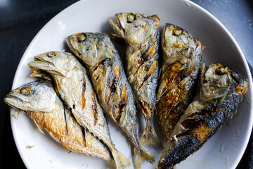 Fried mackerel on a white plate. Close up.