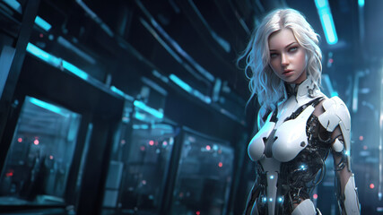 Fototapeta na wymiar Portrait of a beautiful cybernetic woman with blonde hair inside spaceship medical bay, gene altered android body implants fused with artificial robotic intelligence - generative AI