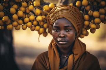 Intense portrait of a woman surrounded by marula trees, emphasizing the fruit's significance in African folklore and traditions, generative ai