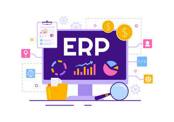 ERP Enterprise Resource Planning System Vector Illustration with Business Integration, Productivity and Company Enhancement in Hand Drawn Templates - obrazy, fototapety, plakaty