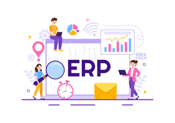 Fototapeta na wymiar ERP Enterprise Resource Planning System Vector Illustration with Business Integration, Productivity and Company Enhancement in Hand Drawn Templates