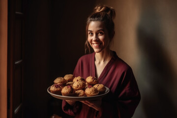 Joyful portrait of a woman holding a tray of freshly baked cranberry muffins in a cozy and inviting kitchen, generative ai