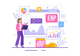 ERP Enterprise Resource Planning System Vector Illustration with Business Integration, Productivity and Company Enhancement in Hand Drawn Templates