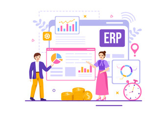 Naklejka na ściany i meble ERP Enterprise Resource Planning System Vector Illustration with Business Integration, Productivity and Company Enhancement in Hand Drawn Templates