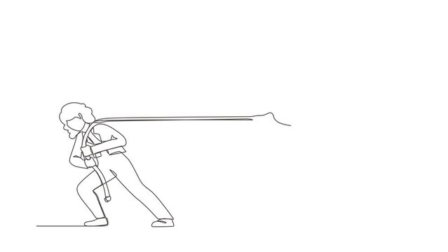 Self drawing animation of single line draw businesswoman pulling big bag of money. Business metaphor. Corporate competition or business challenge concept. Continuous line draw. Full length animated