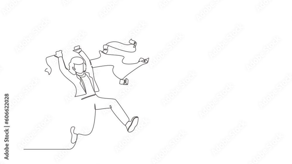 Aufkleber animated self drawing of continuous line draw businesswoman trying to catch flying money with net. r