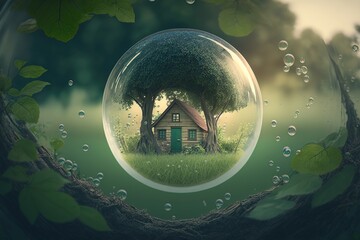 a tree and a house inside a bubble, generative AI