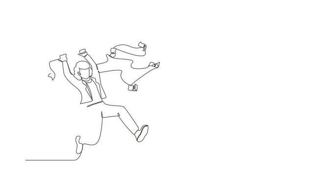 Animated self drawing of continuous line draw businesswoman trying to catch flying money with net. Running entrepreneur woman using opportunity to scoop dollar bills. Full length single line animation