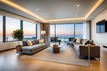 Modern, luxury home showcase living room and dining room open to ocean view at dusk