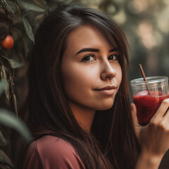 Portrait of a woman savoring a delicious jujube smoothie, with a jujube orchard in the background, generative ai