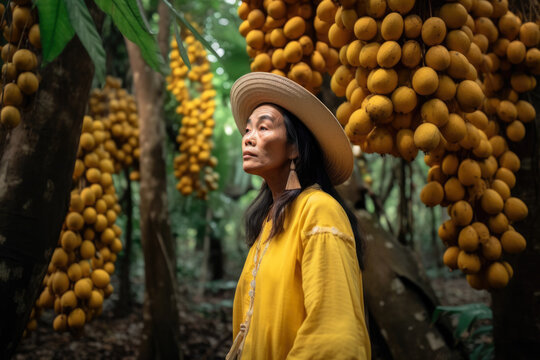 Portrait Of A Woman In A Yellow Outfit, Surrounded By Ripe Jackfruits Hanging From Trees In A Lush Forest, Generative Ai