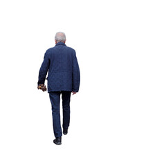 Homme senior aux cheveux gris, vu de dos, vêtu d’une veste et d’un pantalon bleu foncé, en...