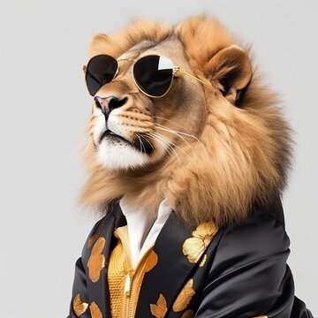 a lion wearing sunglasses and a black suit with gold details on it's shoulders, standing in front of a grey background. Generative Ai