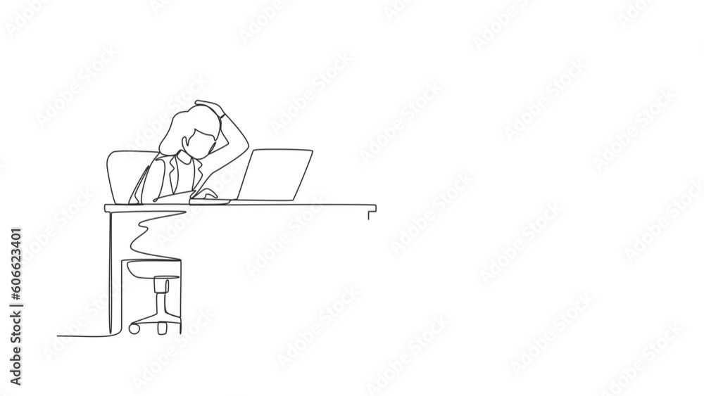 Poster animated self drawing of continuous line draw female manager working on laptop. woman with question 