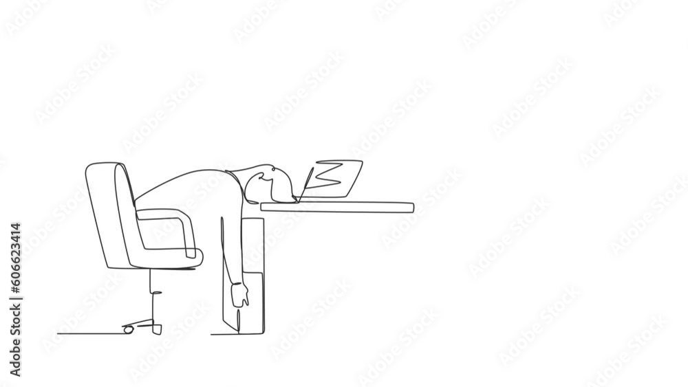 Poster animated self drawing of continuous one line draw professional burnout syndrome. exhausted sick tire