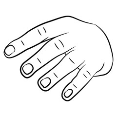 Front view of an empty human hand with open fingers. Black and white linear silhouette. Cartoon style.