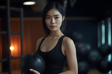 Naklejka na ściany i meble Strong woman holding sports ball after cross training workout