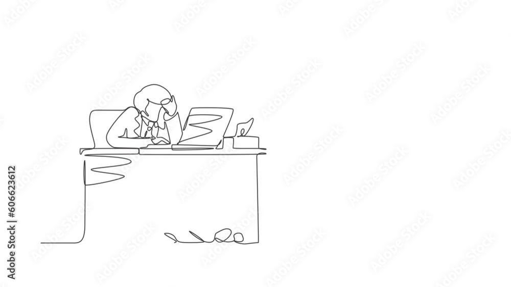 Poster animated self drawing of single continuous line draw male employee crying while wiping tears using t