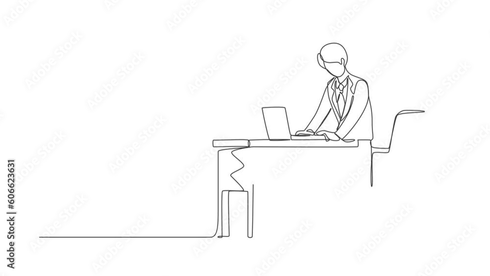 Poster self drawing animation of single line draw employee working at ergonomic workstation. office furnitu