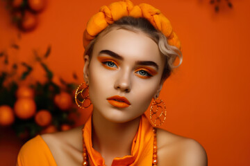 Portrait of a woman with orange-themed makeup and accessories against a bright orange background, generative ai