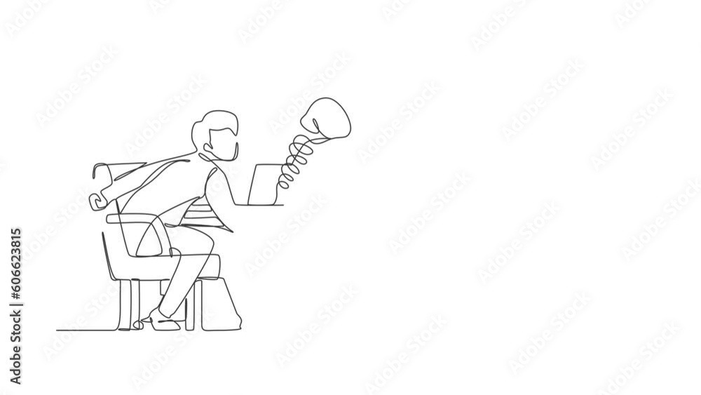 Poster animated self drawing of continuous line draw sad man using social media being punched by boxing glo