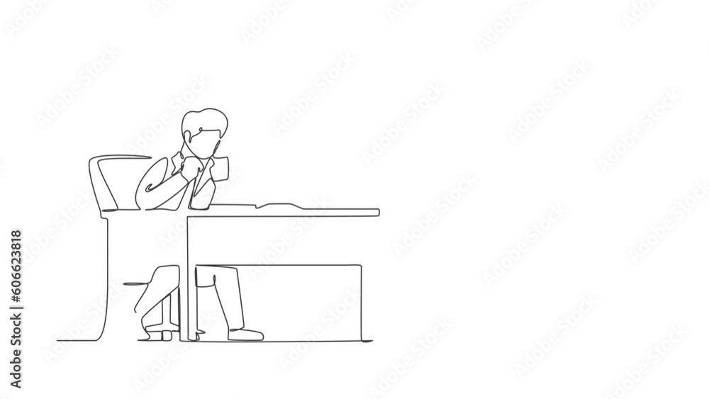 Poster animated self drawing of continuous line draw angry businessman breaks laptop hitting it with clench