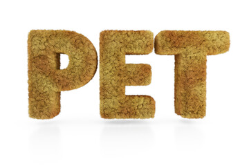 The word PET very furry written in 3D on a white background