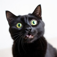 Black cat with green eyes looking up on a white generative ai