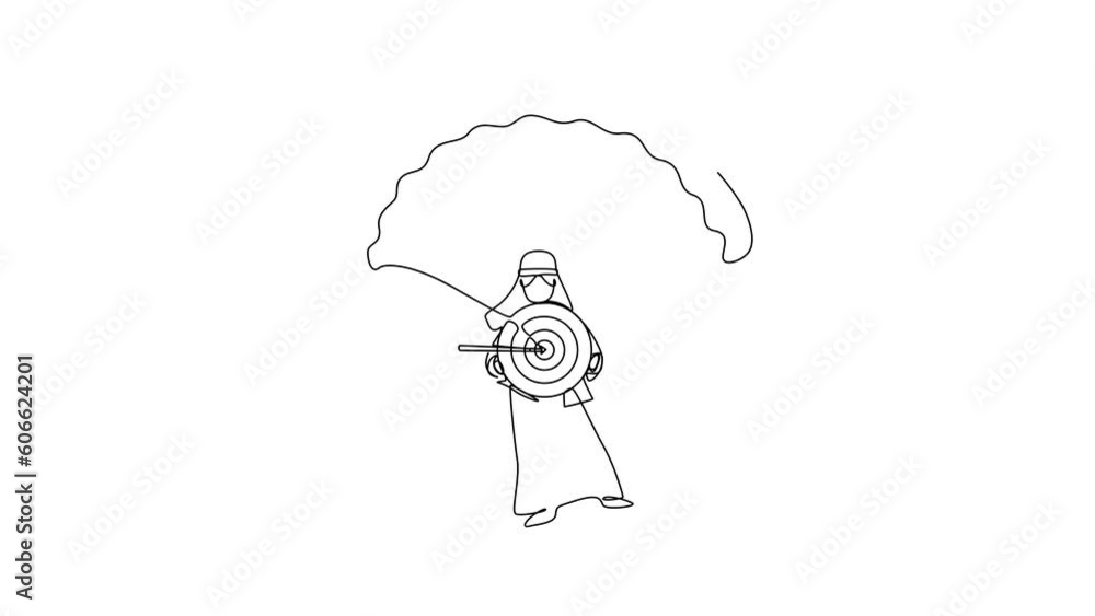 Poster animated self drawing of continuous line draw arabian businessman holding target with arrow in bulls