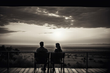 Fototapeta na wymiar two people sitting on a bench looking out at the view from a balcony with a sunset in the sky behind them. Generative Ai
