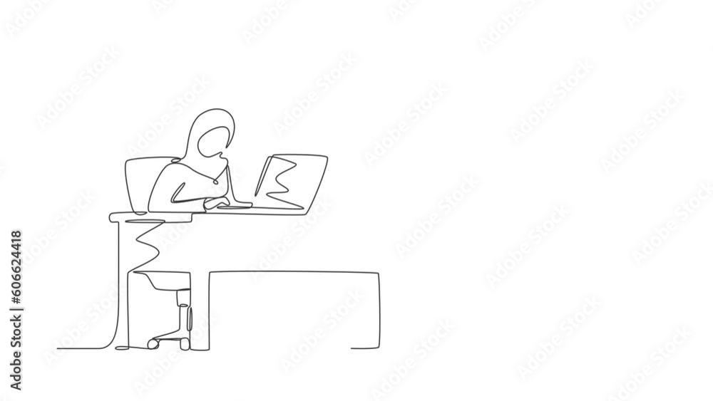 Poster animated self drawing of continuous line draw arab female works in office. woman working, typing sen