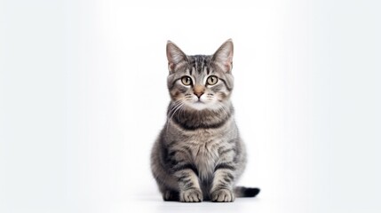 Fototapeta na wymiar a tabby cat with orange eyes looking up on a white background generative ai