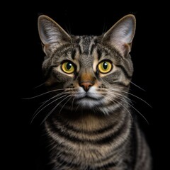 Fototapeta premium a tabby cat with orange eyes looking up on a black background generative ai